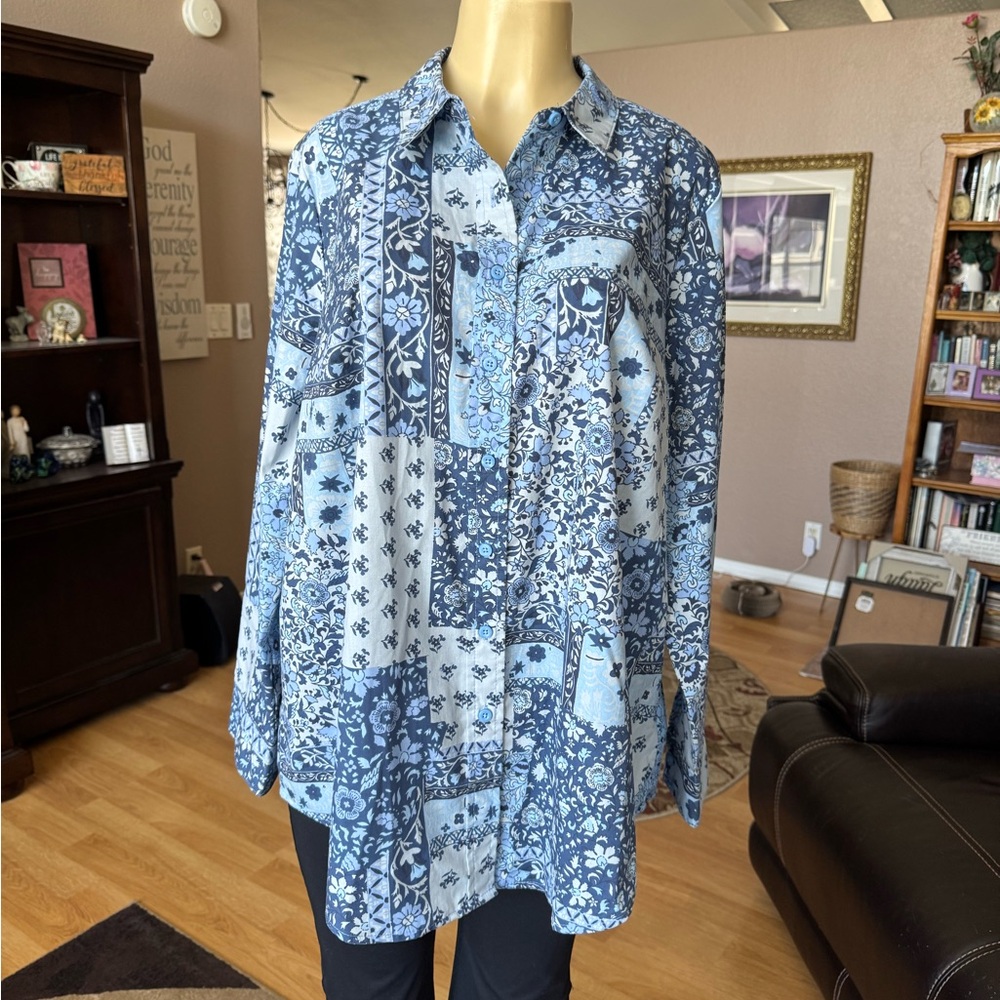 Woman Within blue patchwork long sleeve button up blouse-size 18/20